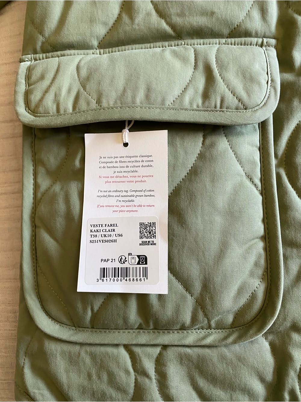 Sezane Quilted Light Olive Green Women’s Jacket - Picture 9 of 15